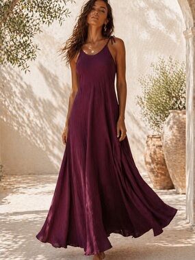 Boho Maxi Dress S/M Organic Viscose Cotton Burgundy Tie Strap Flowy Relaxed Fit